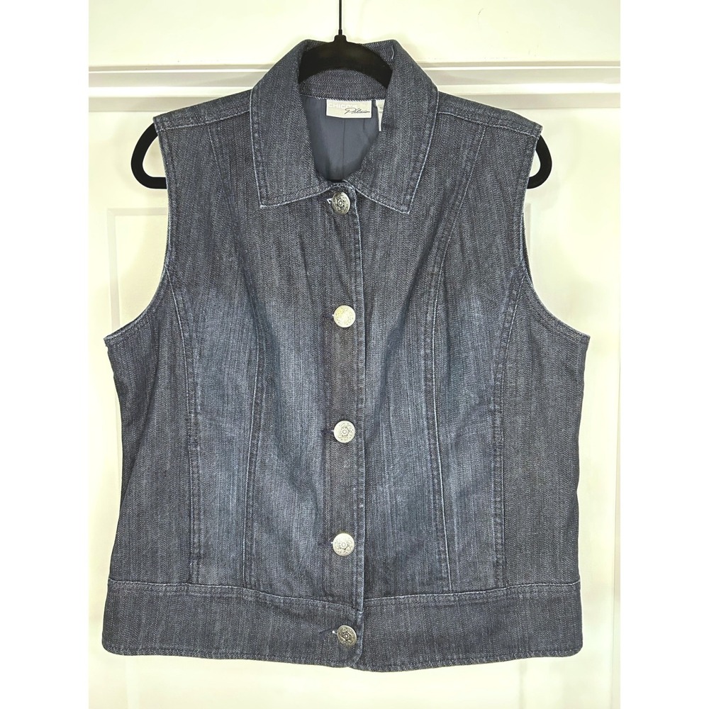 Chicos Platinum Denim Vest Dark Wash Rhinestone Embellished Blue Indigo Size 2 L